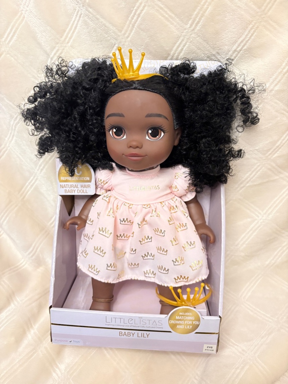 Baby Lily Doll in Pink Dress with Gold Crown By Purpose Toys Natural Hair